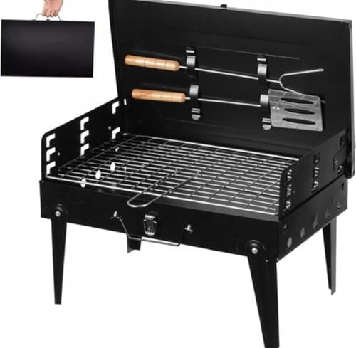 Barbecue portable pliable - Barbecue au charbon de bois en forme de valise - Idéal pour le camping, le pique-nique et les vacances - Accessoires inclus - Noir