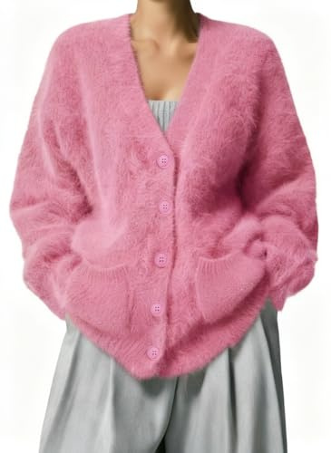 Cardigan da donna sfocato con scollo a V a maniche lunghe abbottonato maglioni pelosi morbidi in maglia grossa mohair maglione cappotto, Rosa, S