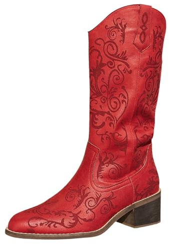 Generisch Botas vaqueras altas para mujer, botas de equitación bordadas jacquard, botas occidentales, tacón de bloque, botas largas, botas vintage elegantes para mujer, botas de piel sintética, rojo