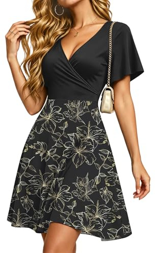 PLMOKEN Vestito Donna Estivo Abito Sexy con Scollo a V e Maniche con Volant Abiti da Spiaggia con Vita Impero e Tasche Foglia Dorata M