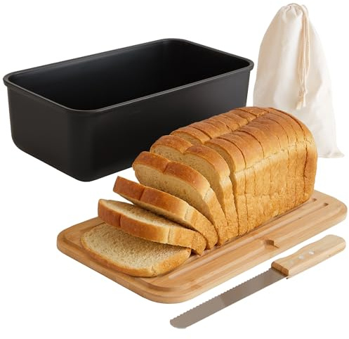 The Useful Co. UCO Paneras de Mesa 38 cm, Panera con Tapa de Madera Tipo Tabla con Cuchillo y Bolsa de Tela, Caja Almacenaje con Tapa para Encimera, Paneras para Guardar el Pan para Chapata Pequeña