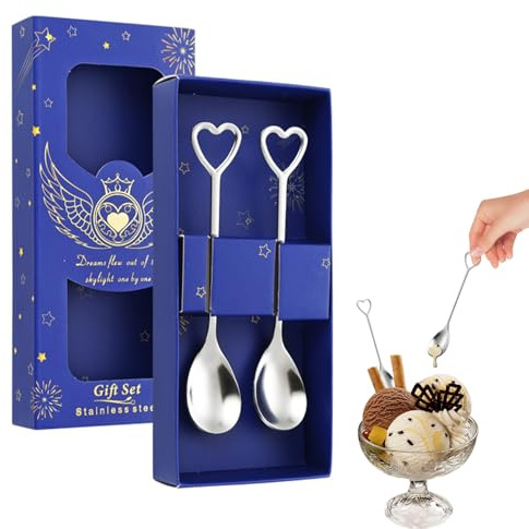 Stainless Steel Table Teaspoon and Folk, Heart-Shaped Handle Design Coffee Spoon/Folks, Mini Dessert Spoon/Folk with Gift Box for Coffee Cafe Latte Espresso Hot Chocolate Ice Cream (Silver, 2 Pcs)