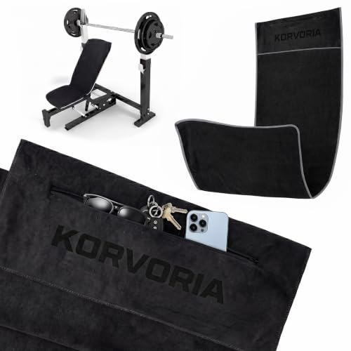 KORVORIA Serviette Sport 120 x 50 cm, Noir Serviette de Sport | avec Poche Zippée et Capuche, Microfibre, pour Salle, Yoga, Fitness, Extérieur et Entraînement