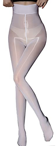 HTRUIYATY Collant Brillant Huileux 8 Deniers Sexy Sans Couture Collant Infilable Femme-Blanc