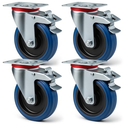 Wiltec Jeu 4x Roulette pivotante en plastique – Ø 80 mm – Capacité de charge 100 kg – Roue avec blocage total et Plaque de montage – Transport Appareil Accessoire Meuble – Usage silencieux sans trace