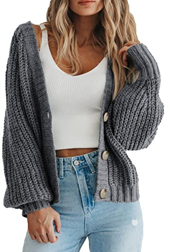 PRETTYGARDEN Women's Chunky Knit Open Front Sweater Long Sleeve Button Loose Short Cardigan Outerwear Coats (Grey,Large)