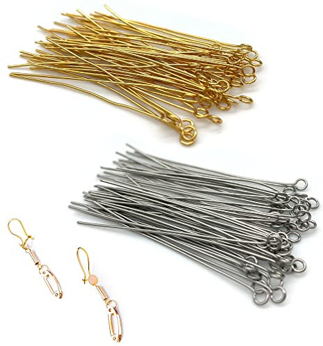 DHER Vergoldet Kopfstifte Kettelstifte DIY goldfarben Nietstifte 100 Stück T-förmige Nadel 0,6 mm Drahtdurchmesser Flachkopfnadel Silber/Gold Perlenfaden Titanstahl Schmucknadel (50mm)