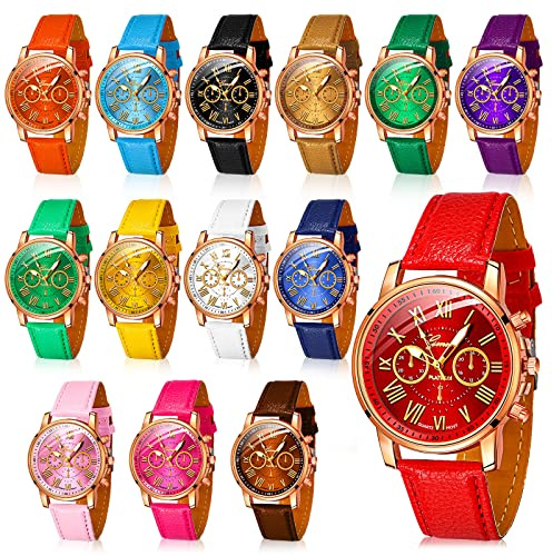 Yinkin 14 Pcs Assorted Platinum Watch Unisex Quartz Watch Sets for Women Men Ladies Watches Roman Numerals PU Leather Women's Wrist Watches