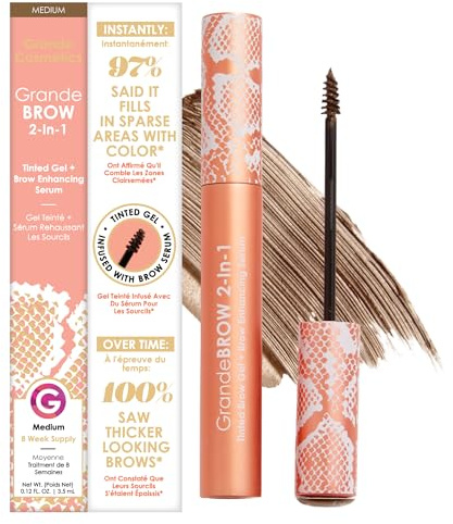 Grande Cosmetics GrandeBROW 2-in-1 Tinted Brow Gel + Brow Enhancing Serum for Thicker & Darker-Looking Eyebrows, Shape & Fill Brows, with Castor Oil & Mini Fibers - Medium, Full Size (0.12 fl oz)
