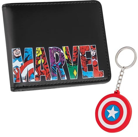 Marvel Card Wallet and Keyring Set for Men Teenagers - Card Slots ID Pocket Groot Mens Wallet - Gifts for Men (Black Captain America)