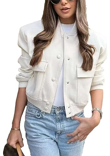 Megfie Womens Cropped Bomber Jacket Button Down Varsity Jackets Shackets with Pockets(0394-Beige-M)