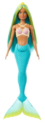 Barbie Muñeca Sirena con Cabello de fantasía Azul y Amarillo y Diadema, Juguete con corpiño de Conchas y Cola de Color Turquesa - para niños y niñas + 3 años, HRR03