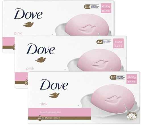 Dove Pink Moisturising Beauty Cream Bar 3 in 1 Cleanses, Moisturises and Nourishes Soap for Soft, Smooth Skin Vegan, Crealty Freee and Dermatologically Tested Beauty Soap 6x90g, 3 Pk