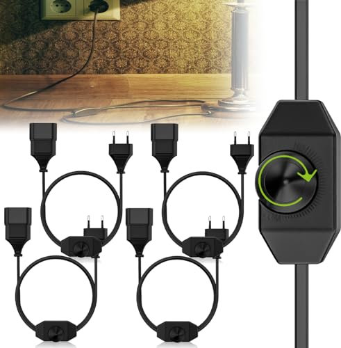 Mitening LED Dimmer Mit Schalter, 4 Stück 2m Lampenkabel, Dimmer Für LED Lampen Mit Dimmer Schalter, Euro Stecker Verlängerungskabel Drehdimmer Für LED Leuchtmittel (Schwarz)
