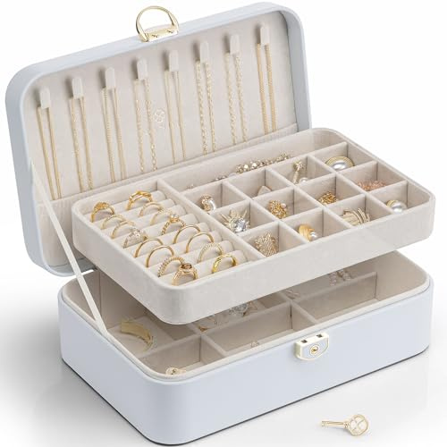 Vlando Joyero para niñas y mujeres, doble capa, caja de joyería con cerradura, caja de almacenamiento para anillos, pendientes, pulseras, collares, joyero, azul lago