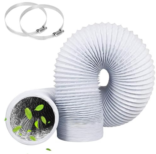 Tumble Dryer Vent Hose 4Inch 10FT(3m) Long Flexible Aluminum Air Ducting 100mm PVC White 4Layer Dryer Ducting Pipe with 2 Stainless Hose Clips(91-114mm) for HVAC Ventilation, Extractor Fan System