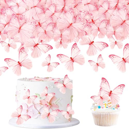 60Pcs Edible Butterfly Cupcake Toppers 3D Edible Butterfly Cake Topper Pink Butterfly Cupcake Decoration Picks Wedding Baby Shower Party Wedding Anniversary Birthday Party Cupcake Decoration