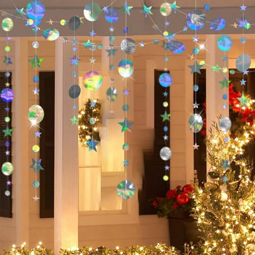 JSTHHTT 24m Decoración Partido, Guirnalda Estrellas y Circulo, Papel Decoración, Guirnalda de Puntos Circulares, para Carnaval Fiesta Temática Navidad Cumpleaños Fiesta (Plata)