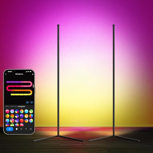 LuminexDesigns 2-Pack LED Corner Floor Lamp - Smart RGBIC Standing Lamp Black 150cm Dimmable Alexa Remote App Control Modern Mood Ambient Light Bar Music Sync for Living Room Bedroom (Without Plug)