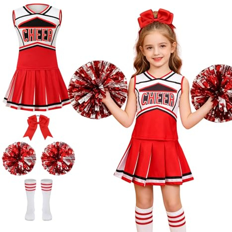 AGCOAH Girls Cheerleading Costume Kids Classic Red Cheerleader Uniform 5PCS Cheer Outfit Halloween Cosplay 43.3Inch(3-4Y)