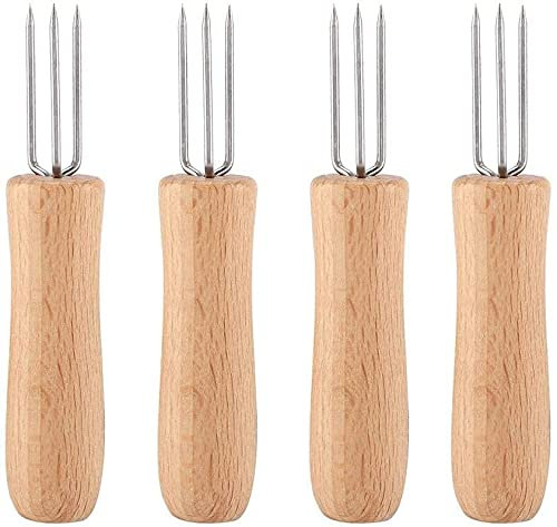 YXUANYZNB 4 soportes para mazorcas de maíz de acero inoxidable con mango de madera para adultos, cocina en casa, barbacoa