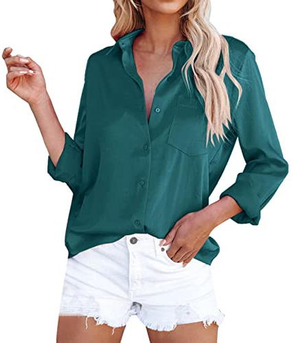 Blusa de seda para mujer, manga larga, satén, elegante, cuello de pico, camisas, túnica, blusa con botones, camiseta de manga larga, monocolor, blusa de gasa, manga larga, blusas de satén, azul, XXL