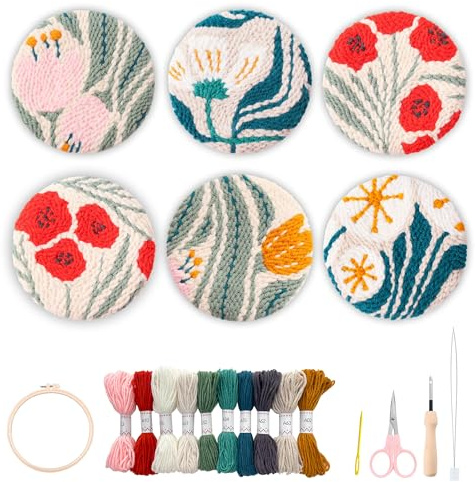 Myfelicity Punch Needle Kits for Adults Beginners,Punch Needle Coaster Kit Flower Patterns Easy Art Work Decor,Includes Cloth, Yarn, Needle, Spacer, Instructions & Video Tutorial