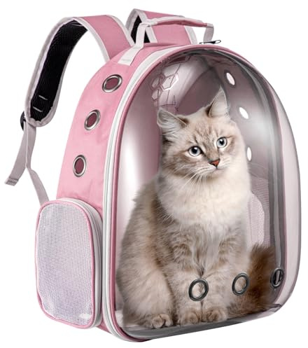 LN COZY CORNER Transparent Bubble Cat Backpack –Space Capsule Pet Carrier Backpack with Hard‑Shell Dome, Breathable Mesh & Padded Straps – Hands‑Free Travel Cat Bag Carrier (Pink)