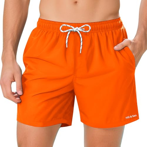 Hill & Sea badbyxor herr snabbtorkande boardshorts för män ventilerande vattenavvisande badshorts med nätfoder fickor och justerbar dragsko, apelsin, L