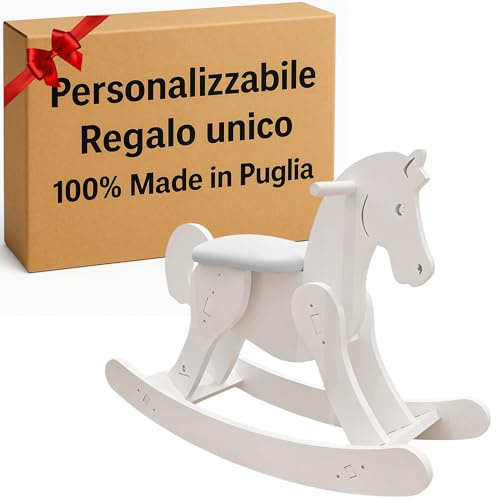 MINDWOOD Cavallo a Dondolo in Legno Personalizzato - per Bambini da 1 a 3 anni, Cavallino a Dondolo in Legno Massiccio, Ideale per l’Apprendimento, Artigianale - Made in Italy (Bianco)