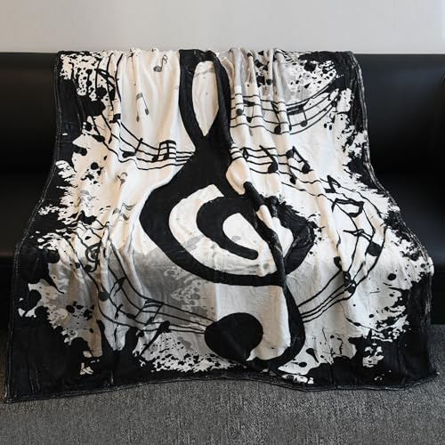 GLOBLELAND Manta con notas musicales, 150 x 130 cm, fondo de salpicaduras de tinta, suave, acogedora, manta de franela lavable, manta mullida para el hogar, oficina, habitación, cama, sofá, silla