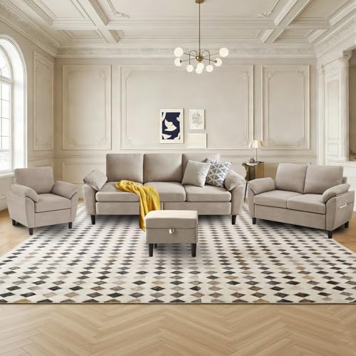 Enobala Convertible Sectional Sofa Set, 4 Piece Sectional Sofa Set for Living Room Apartment, Modern 3-Seat Sofa with Storage Ottoman + Loveseat+ Accent Chair,Beige