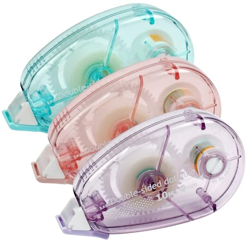 JCF 3 Pack Glue Tape Roller, Double Sided Tape Roller Dispenser, 8mm x 10m Adhesive Glue Tape for Crafting, Gift Wrapping, Office Use, and Scrapbook Accessories (Pink, Blue, Purple)