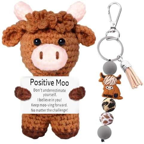 xwnyzw Positive Highland Cow and Highland Cow Keychain, Emotional Support Gift Positive Crochet Animals, Cows Keyring and Creative Cute Crochet Doll with Positive Card, for Home Office Desk Decor