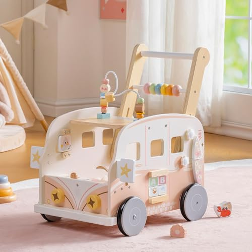 ROBOTIME Gåvagn trä med hastighetskontroll, rosa | Semesterbussdesign höjdjusterbar baby gåstol med aktivitetscenter och förvaringsutrymme för barn från 10-36 månader