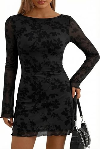 Sukiglam Vestito Donna Elegante Floreale Mini Abito in Rete Trasparente Maniche Lunghe a Campana Vestiti Corto Sexy Y2K Abiti Aderente Casual Tubino Vintage Vestito da Festa Sera Cocktail Discoteca