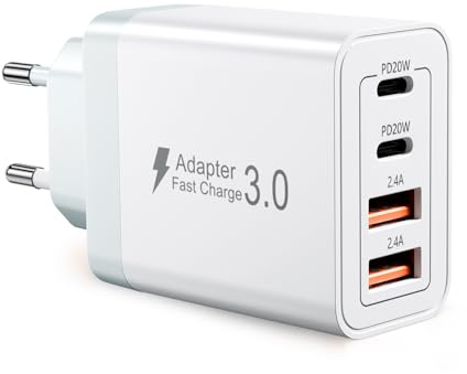 Cargador USB C 40W Multipuerto, Enchufe Cargador Carga Rapida QC 3.0, 4 Puertos Cargador Multiple Compatible con iPhone16/15/14/13/12/11 Pro MAX, Samsung, iPad, Dispositivos Android