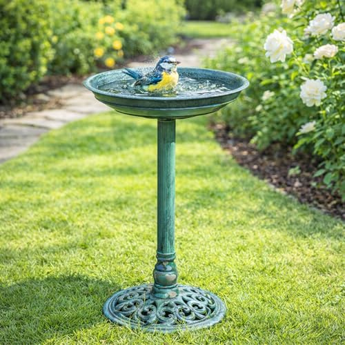 Garden Mile Outdoor Garden Bird Bath Pedestal (63cm) Vintage Green Weatherproof Resin Birdbath Bowl, Freestanding Victorian Style Water Dish & Seed Feeding Bowl for Birds and Wildlife