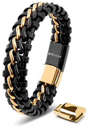 SERASAR Bracciale Uomo Pelle 20cm Oro Regalo Braccialetto Uomo Cuoio Aggiustabile Magnetico Bracciali Braccialetti Perline Bigiotteria Bracialetto Cinturino Braciale Bambino Mens Bracelet Braciale