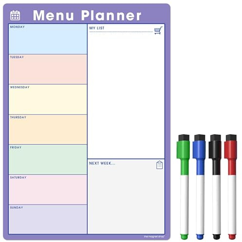 TMS A4 Agenda semanal de comidas para nevera | calendario magnético y lista de compras | usa para preparación de alimentos y planificación familiar | pizarra seca tablero de notas [30 x 21cm]
