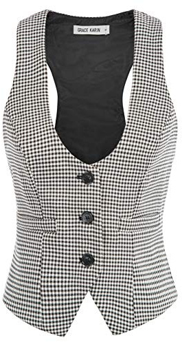 GRACE KARIN Women's Vest Formal Waistcoat Slim Fit Fully Lined Tuxedo Vest(XL, Black-White Plaid)