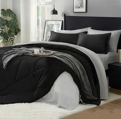 BEDELITE Påslakanset Queen i 7 delar, säng i en väska, lätt mjuk mikrofiber, vändbart svart bäddset med täcken, lakan, örngott och örngott, hotellkollektion, sängkläder för alla årstider