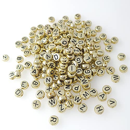 500 Stück 4 x 7 mm goldene runde Acryl-Buchstabenperlen A-Z gemischte Kunststoffform lose DIY-Perlen für Schmuckherstellung Armbänder Halsketten Schlüsselanhänger (schwarz auf gold)