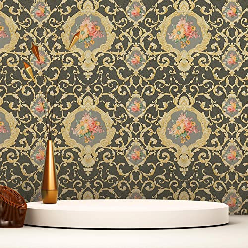 TADESSI 2484 Baroque Raffaele M1-No.2484 Papier peint non tissé Doré/noir Ornement classique Motif fleurs