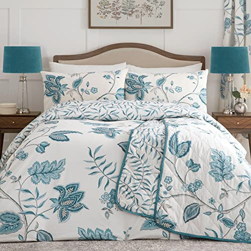 Dreams & Drapes Teal Floral Duvet Cover – Double Size (200x200cm) – Turquoise Damask Bedding – White & Blue Reversible – Vintage Bedroom Set with 2 Pillowcases