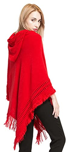 Proumhang Donne con Cappuccio Poncho Maglione,Scialle a Maglia Cape Pullover con Nappe,Scialle da Donna Avvolgere Poncho Cape,Scialli per l'autunno Inverno,Regali per Le Donne Mamma 85cm x 80cm Rosso