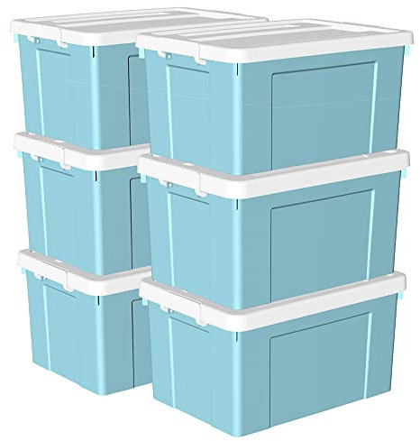 Cetomo 90L*6 Caja de Almacenamiento con Ruedas, Caja de Plástico con Tapa y Cierre Seguro, Contenedor de Almacenamiento Grande, Duradera, Apilable, Resistentes, Azul, Paquete de 6 de 90L