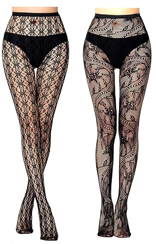 AYNKH Womens Black Patterned Fishnet Tights, High Waisted Stretchy Pantyhose Goth Stockings Fashion Leggings for Night Club Party Festivals, Flower Leopard Star Rose Lace