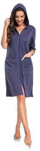 Jlowesun Damen Bademantel Waffelpique, Mittelgroß, Leichter Sommer Bademantel mit Reißverschluss, Weicher Kapuze und Taschen