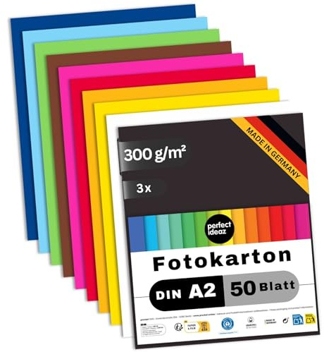 perfect ideaz 150 hojas de cartón fotográfico DIN A2, 10 colores, cartón reciclado estable de 300 g/m², fabricado en Alemania, certificado Blauer Engel (3 x 50 hojas)